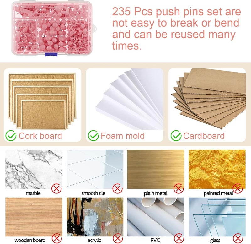 Utron 235 Pcs Push Pins Set, Thumb Tacks, Tacks, Push Pins for Bulletin Board, Wall, Cork Board, Pink Thumb Tacks (5 Style) - Image 3